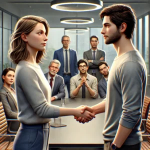 DALL·E 2024-10-10 12.16.07 - A realistic scene in a modern office where two coworkers, Irene (an INFJ woman) and Gonzalo (an ENTP man), are shaking hands while locking eyes with e
