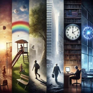 DALL·E 2024-10-10 14.14.52 - A surreal image representing the stages of life of a character from childhood to old age. The image should depict a sequence of environments blending