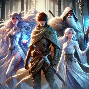 DALL·E 2024-10-14 08.50.24 - A group image of four characters inspired by heroic and magical figures. One resembles a tall, ethereal, elf-like queen with flowing white hair and gl