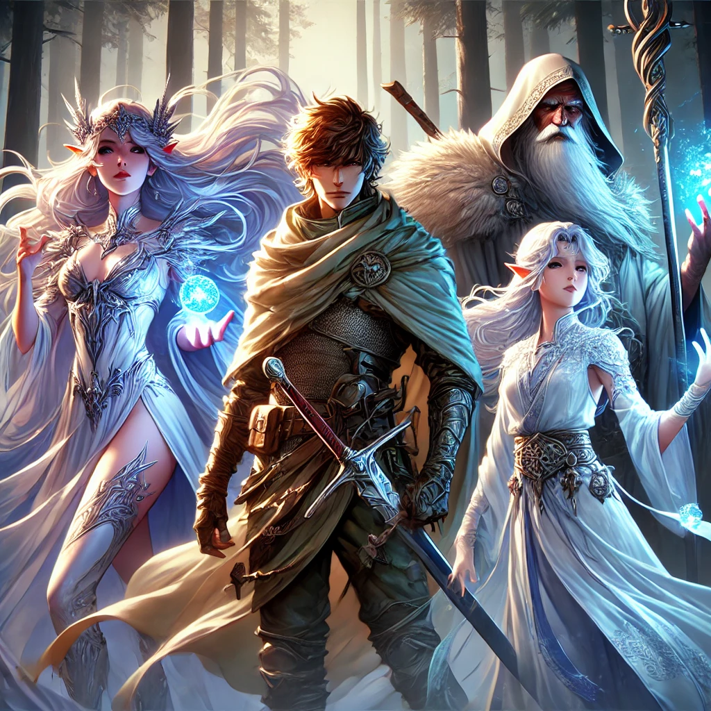 DALL·E 2024-10-14 08.50.24 - A group image of four characters inspired by heroic and magical figures. One resembles a tall, ethereal, elf-like queen with flowing white hair and gl