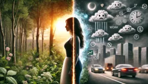 DALL·E 2024-10-15 15.31.46 - A highly dramatic contrast between two women, representing the INFJ personality. One woman stands in a lush, peaceful natural environment, with sunlig