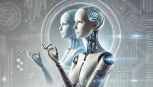 DALL·E 2024-10-15 16.03.24 - A symbolic representation of a feminine artificial intelligence with influences from the movie Ex Machina. The figure has a sleek, futuristic body wit