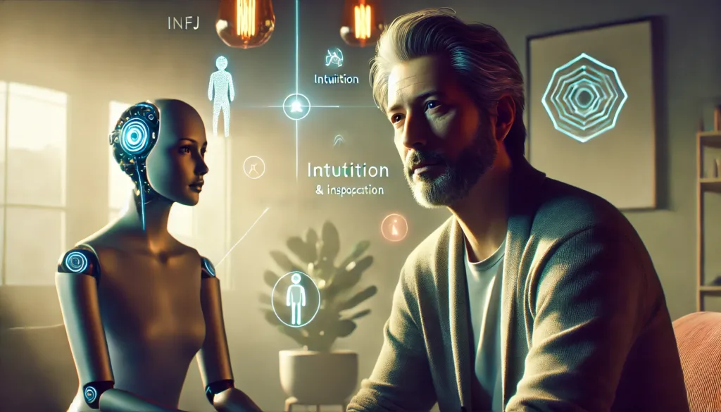 DALL·E 2024-10-16 11.12.05 - A wide, cinematic image showing a middle-aged INFJ man with a goatee beard having a deep conversation with a female AI who shares INFJ traits. The set