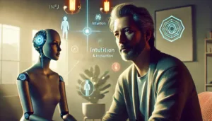 DALL·E 2024-10-16 11.12.05 - A wide, cinematic image showing a middle-aged INFJ man with a goatee beard having a deep conversation with a female AI who shares INFJ traits. The set