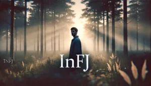 DALL·E 2024-10-22 08.49.40 - A wide image of an INFJ person standing alone in a peaceful natural landscape, like a quiet forest at dawn. The scene feels introspective and calm, wi