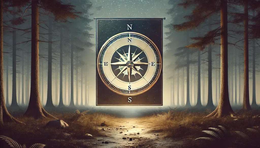 DALL·E 2024-10-26 10.03.41 - A symbolic, realistic banner representing the moral dilemma of INFJs. Centered in a serene, dimly lit forest path at dusk, a large, detailed compass f