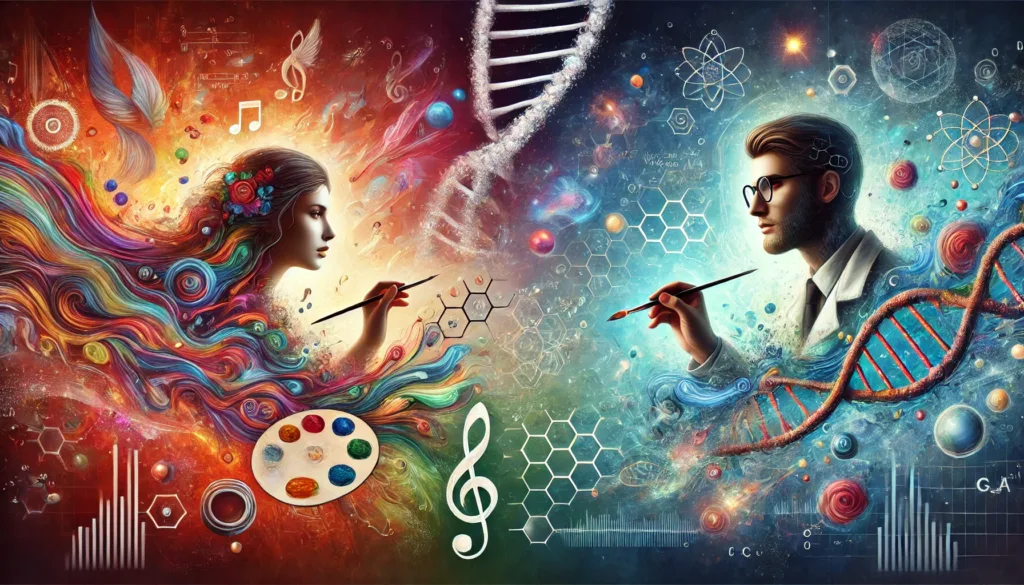DALL·E 2024-10-28 10.20.24 - A wide, banner-format artistic image symbolizing the merging of science and artistic creation. On the left, a female artist holds a paintbrush, surrou