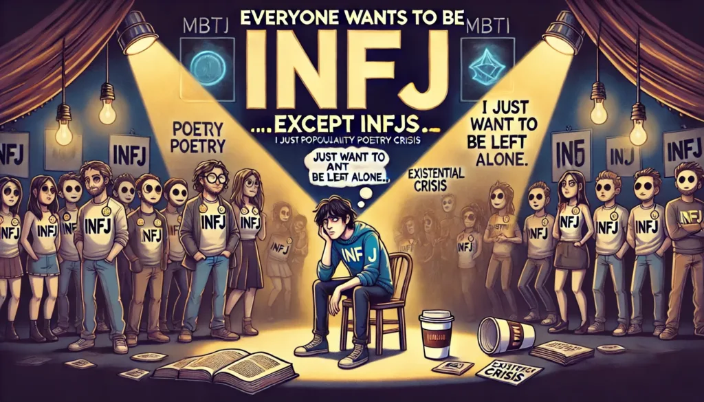 DALL·E 2024-11-20 15.57.03 - A satirical banner about the overpopularity of INFJ personality type in the MBTI community. The design features a crowd of people wearing 'INFJ' badge