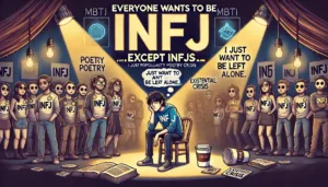 DALL·E 2024-11-20 15.57.03 - A satirical banner about the overpopularity of INFJ personality type in the MBTI community. The design features a crowd of people wearing 'INFJ' badge