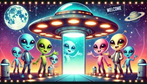 DALL·E 2024-11-22 10.51.16 - A horizontal banner in a whimsical and humorous style depicting friendly extraterrestrials inviting humans to board their glowing spaceship. The scene