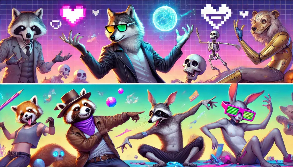 DALL·E 2024-11-22 15.21.05 - A horizontal banner in a vibrant and humorous style featuring anatomically accurate anthropomorphic animals, such as a wolf in glasses and a zorro in