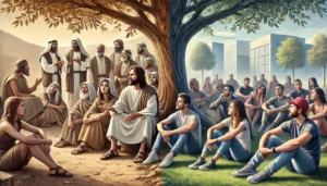 DALL·E 2024-11-29 16.17.08 - A horizontal realistic illustration depicting two scenes side by side. On the left, a group of people in ancient Hebrew attire sitting under a tree in